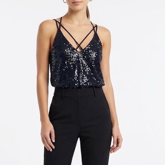 Lost + Wander Tops - LOST + WANDER‎ Sparkly Sequin Metallic Strappy Navy Blue V-Neck Camisole  NWT